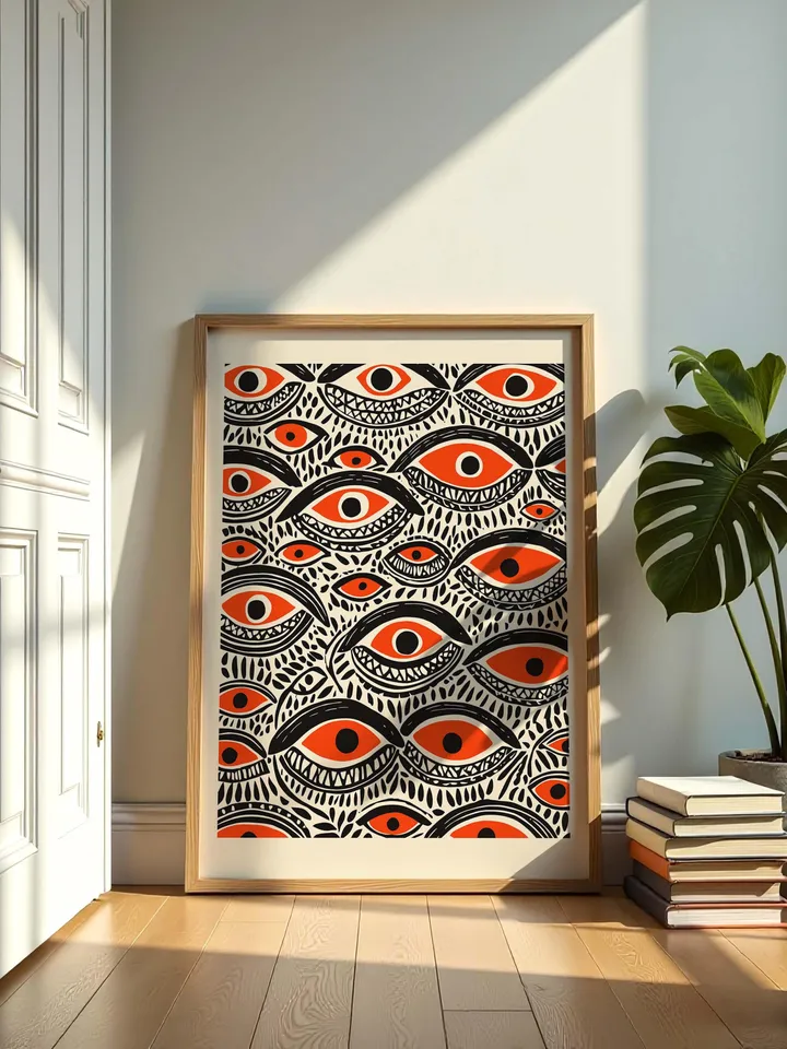 Bold Eye Wall Art, Psychedelic Eye Poster, Tribal Orange, Black Digital Print, Surreal Eye Illustration, Instant Download, crazy eyes art