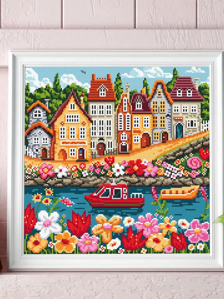 Summer houses cross stitch pattern PDF download Nature landscape cross stitch chart, Flower village pattern digital PDF, Home decor #E17