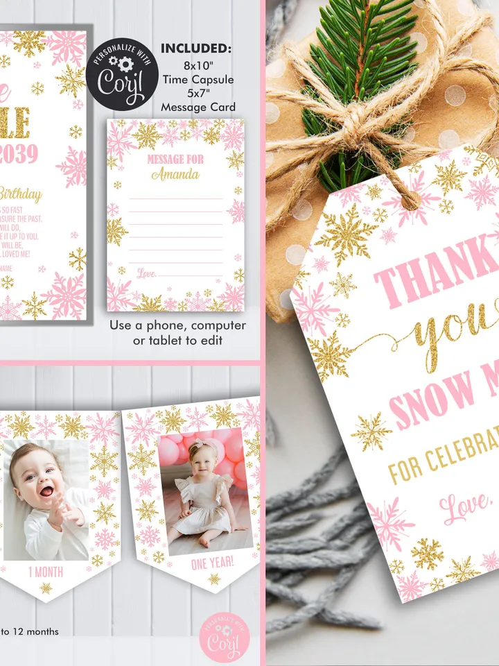 Winter Onederland Birthday Girl Decorations, Winter Onederland Birthday Party Package Bundle, Pink Gold Snowflakes Editable Template
