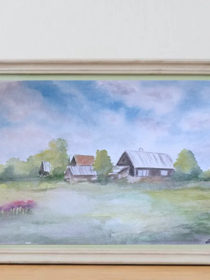 Summer village beautiful landscape modern wall art hand painted original watercolour painting