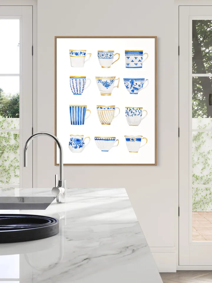 Teacups Art Print Blue And White Watercolor Painting Chinoiserie Wall Art Poster Tea Art Gift For Tea Lovers Vintage Tea Cups Kitchen Print