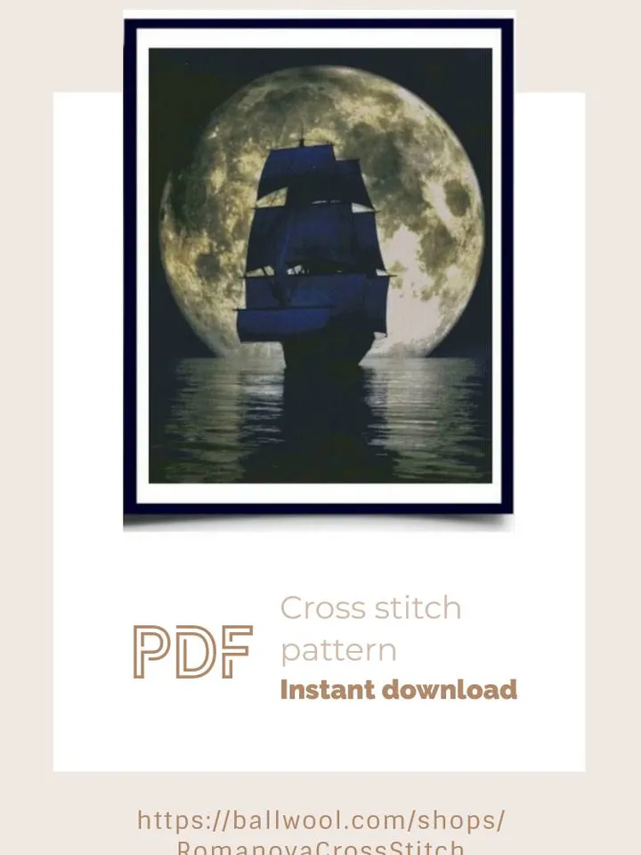 Night Full moon seascape cross stitch PDF pattern, Instant download