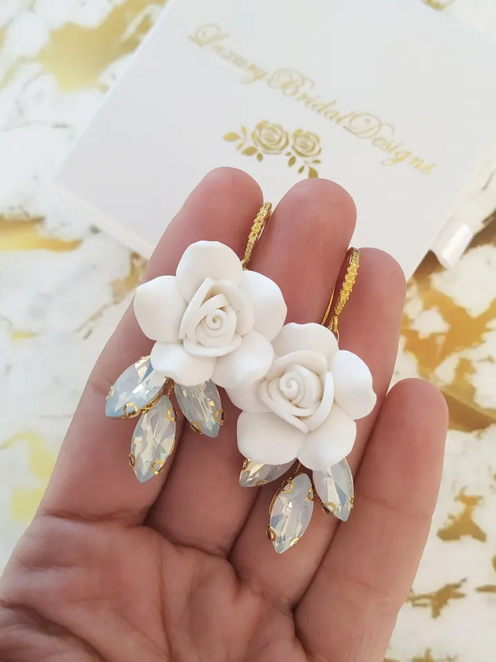 Boho Wedding Earrings, Porcelain Flower Bridal Earrings, Floral Statement Wedding Earrings, Gold Statement Wedding Jewelry, Opal Jewellery