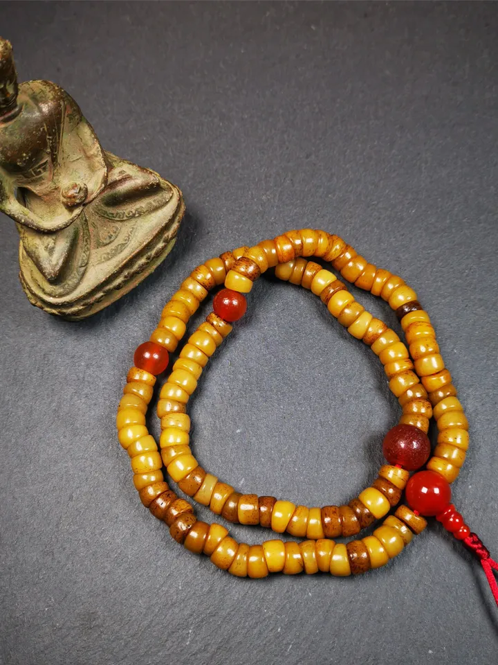 Gandhanra Old Tibetan 108 Yak Bone Mala,Bevel Cut Prayer Beads Necklace,Rosary Beads for Meditation,Diameter 0.32&quot;, Circumference 20&quot;