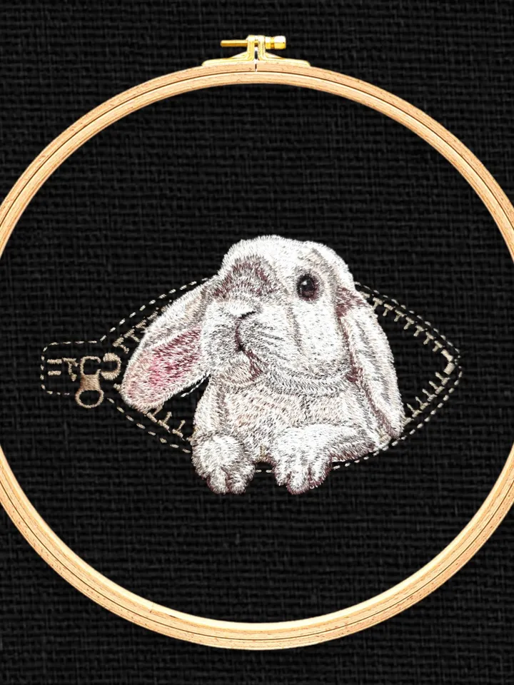 Rabbit in a zipper pocket Miniature realistic machine embroidery design Pet design rabbit realistic pattern rabbit embroidery motif