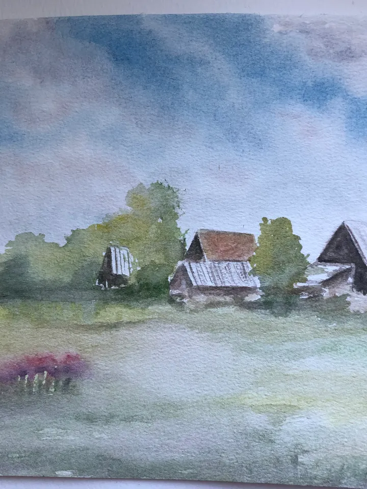 Summer village beautiful landscape modern wall art hand painted original watercolour painting
