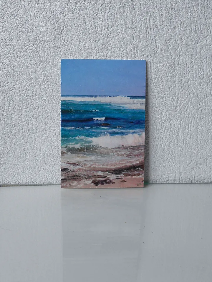 Ocean painting 5'x3' Seascape miniature artwork Turquoise wave Sandy shore