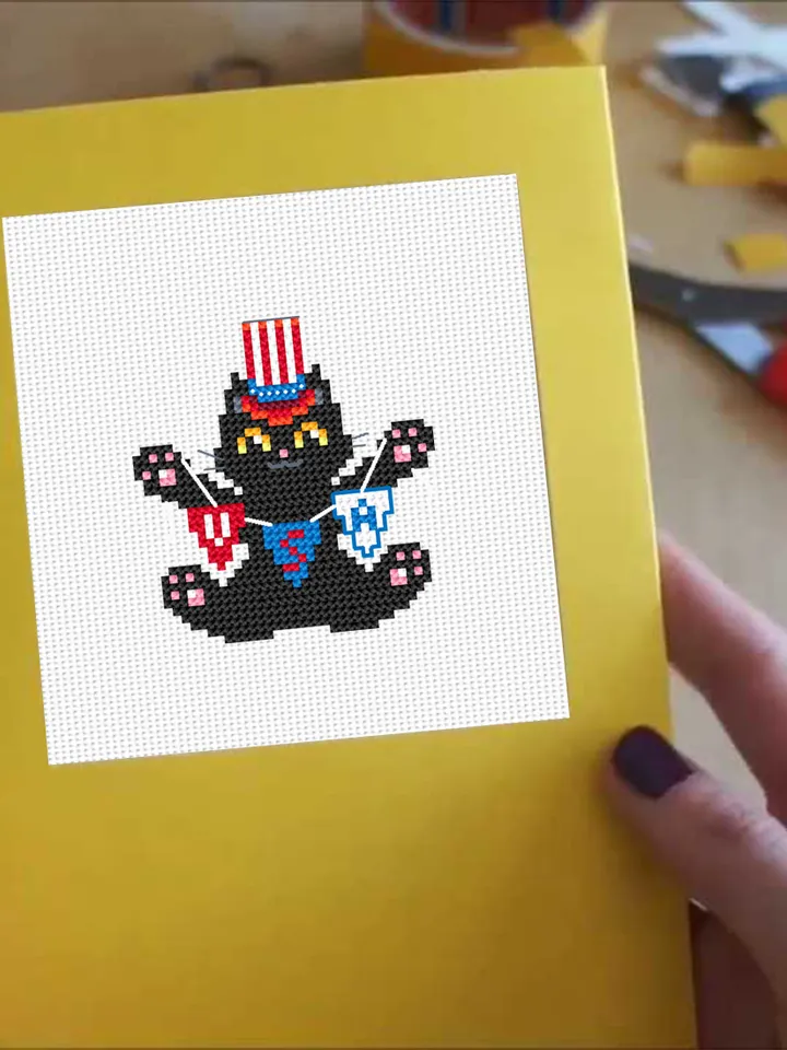 Set patriotic cats cross stitch pattern PDF download Cute black cat embroidery PDF, Independence Day, Funny 4th of july decor, USA flag #T17