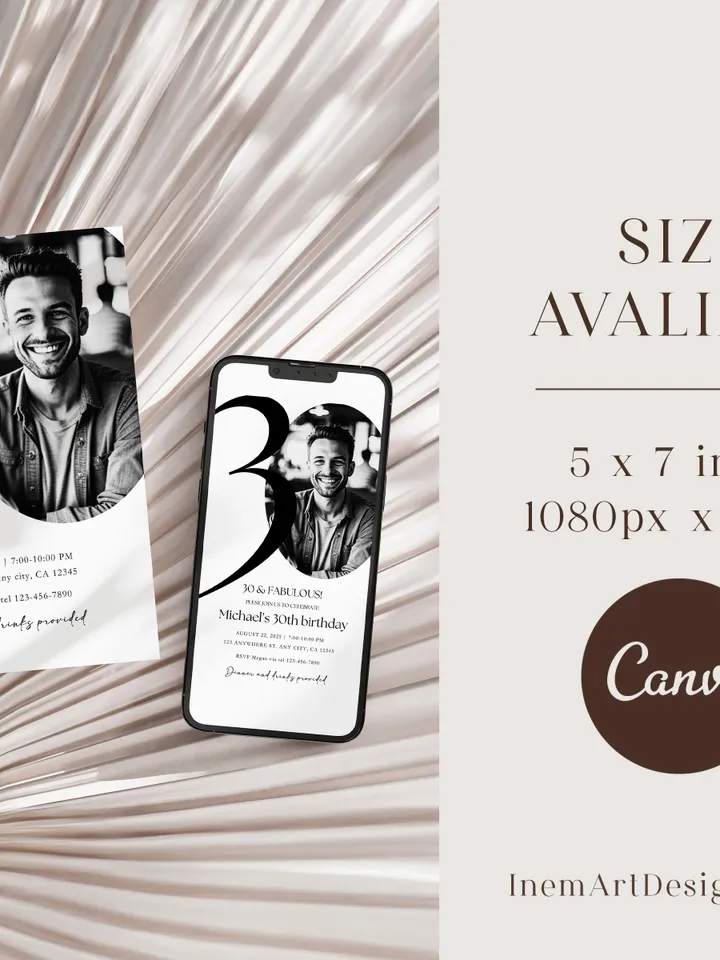 30th Birthday Party Invitation Card, Look Who's 30, Editable 30th Birthday Card Template, Printable Minimalist Birthday Photo Card Canva