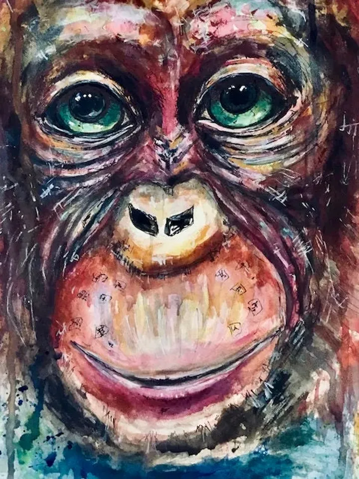 Monkey Short-Sleeve Unisex T-Shirt made with my original watercolour mix media painting,unique gift.