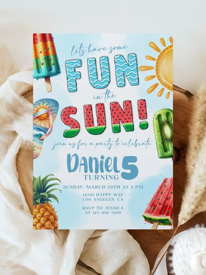 Summer Birthday Invitation, Summer Invite, Fun in the Sun Birthday Party Invitation, Ice Cream Popsicle Watermelon, Editable Template