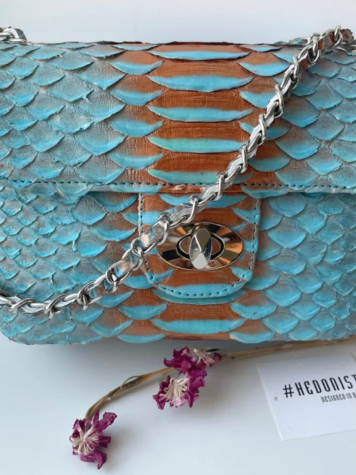 Light blue Crossbody Bag Genuine Python Skin | Adjustable Chain Classy Elegant Bright Blue Crossbody Small Lady Summer Bag | Python Purse
