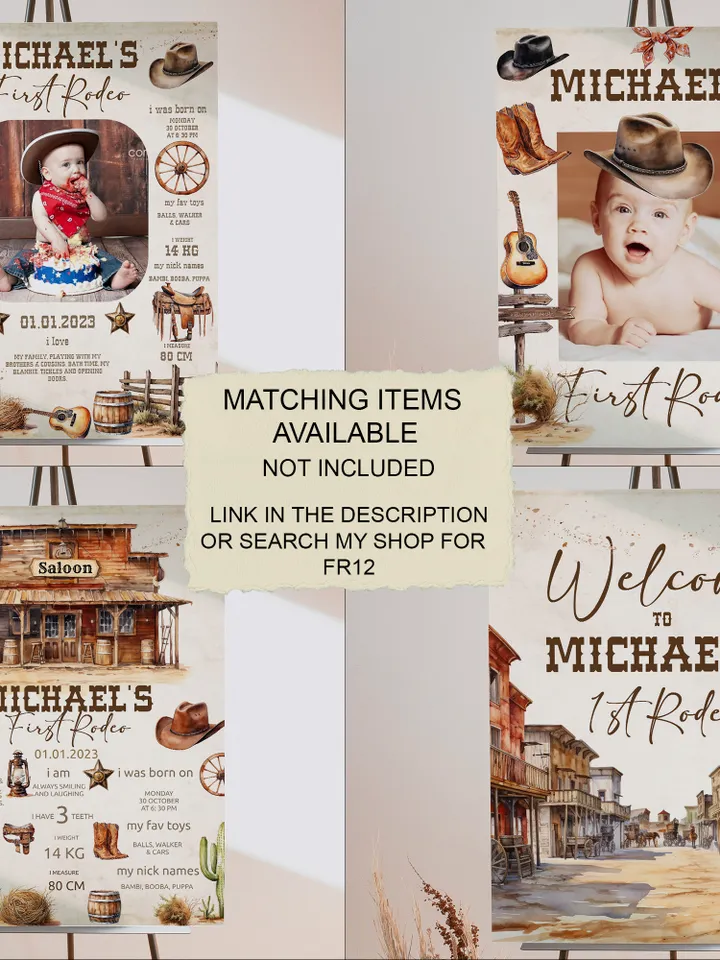 First Rodeo Wild West Birthday Invitation template; Wild West My First Rodeo Bday Western Invite ; Our Little Cowboy is One; Cowboy fr12