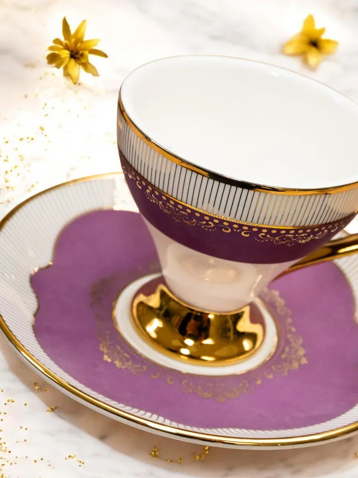 14K Genuine Gold Powder Porcelain Tea Cups And Saucers | Tea Cups Saucers Set | Gold Porcelain Set | Elegant Teaware | Gift For Tea Lovers