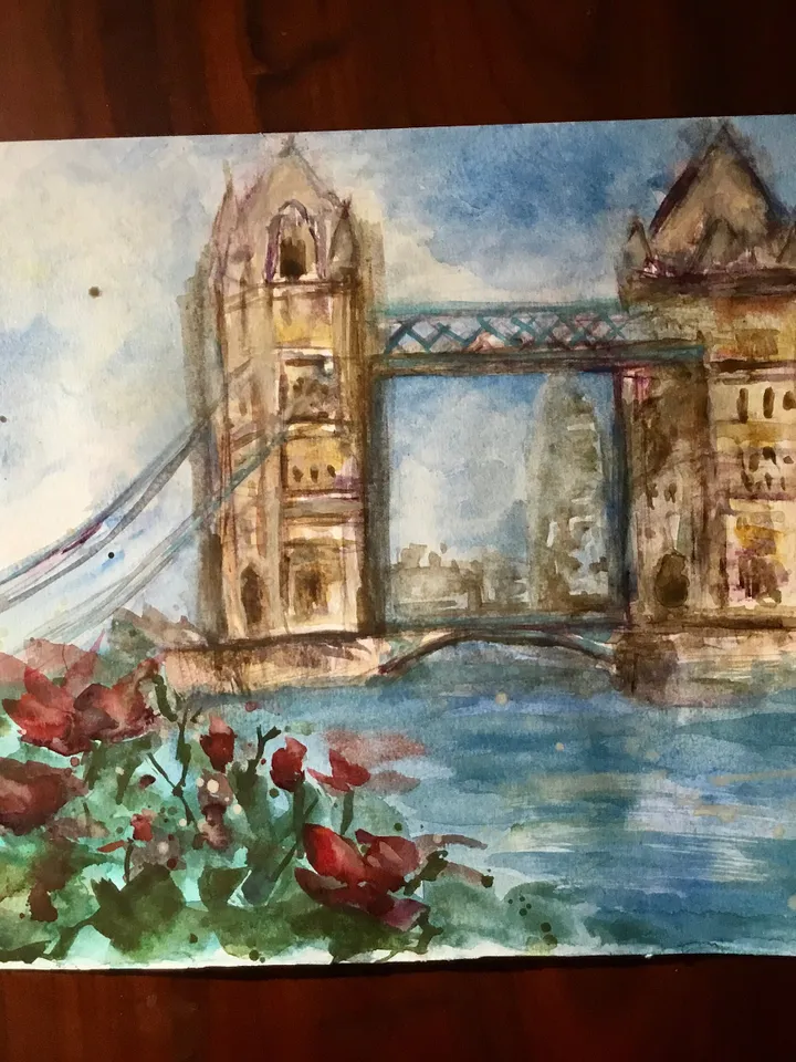 London tower bridge,original watercolour painting,London cityscape,England painting,world capitals wall art,London in flowers,home decor