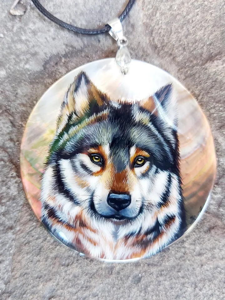 Pearl pendant necklace: Wild Wolf painted on dainty jewelry pendant. Statement unisex necklace for nature lovers. Stylish wilderness spirit