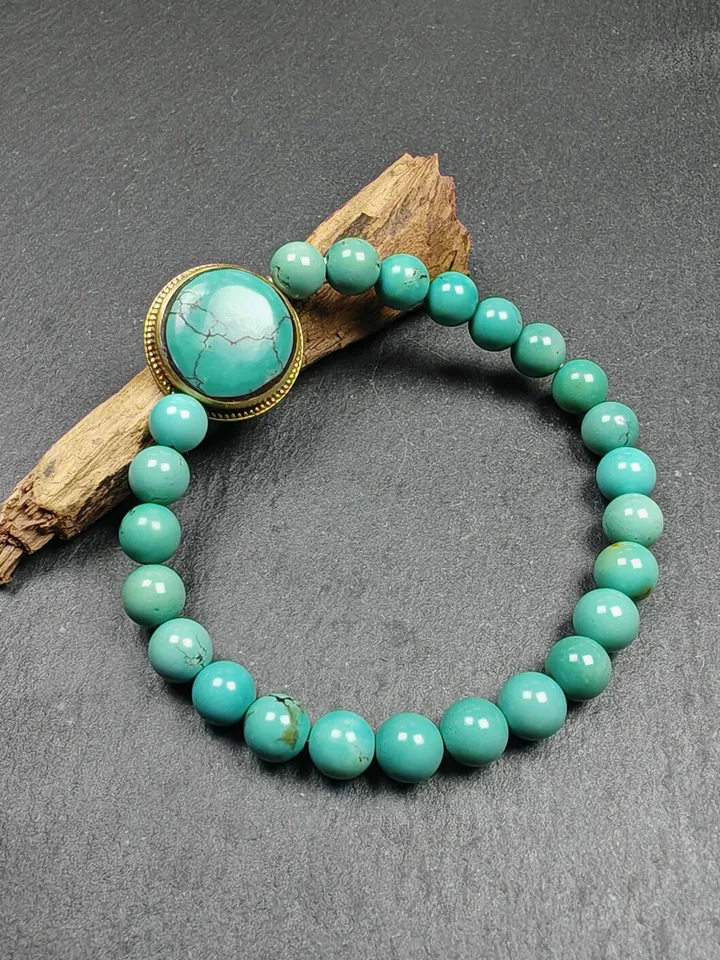 Gandhanra Authentic Original TURQUOISE Gemstones TIBETAN BRACELET - Old Beaded Wrist Mala Bracelet,7mm Beads, 19cm perimeter