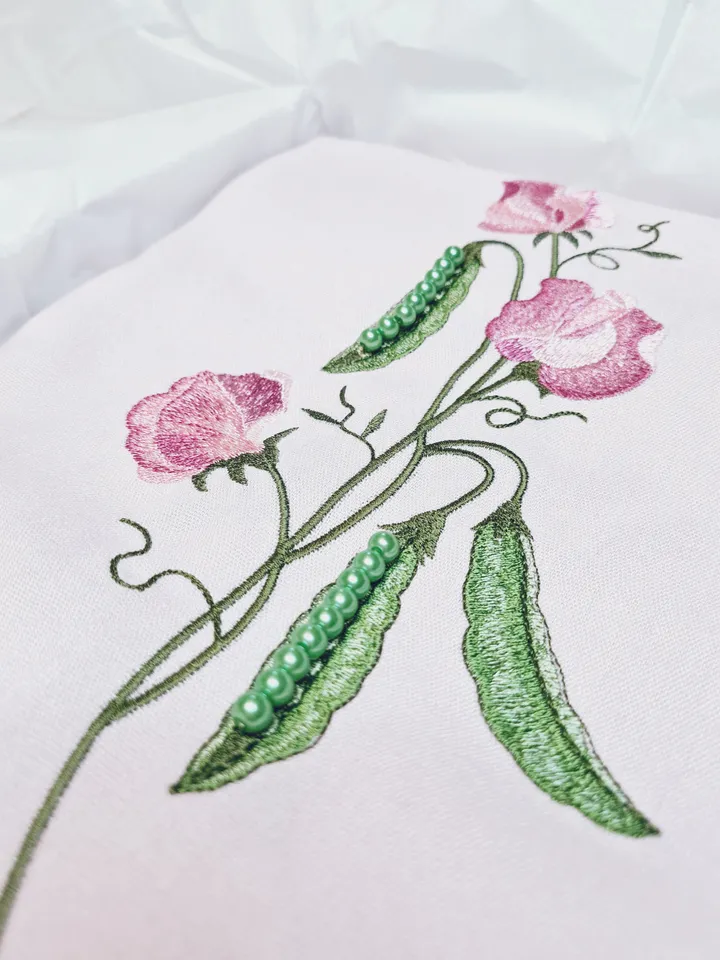 The set of designs in the technique of art embroidery "Sweet peas"