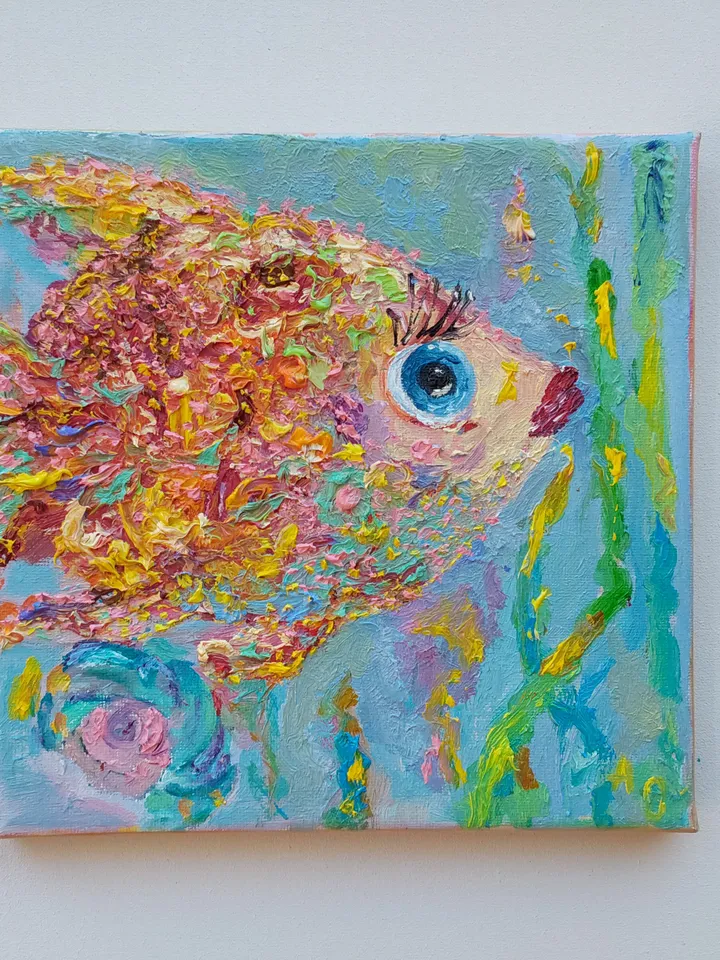 "Pink fish" oil painting on canvas 20x20cm (8x8inch)