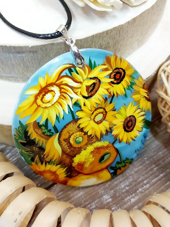 Sunflowers. In the style of Van Gogh. Mother-of-pearl. The Van Gogh pendant. Hand-painted necklace pendant. Hand painted miniature painting.