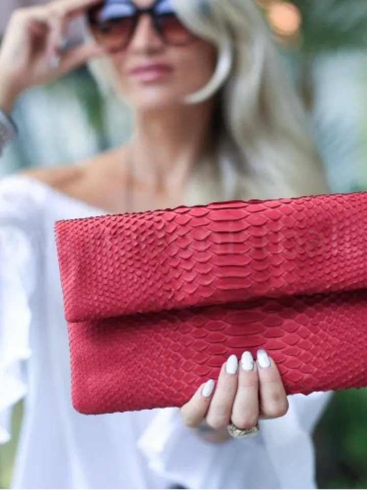 Genuine Python Skin Envelope Red Clutch | Exotic Leather Bags | Small Classy Handmade Clutch | Flat women Elegant Evening Clutch| Snake Bag