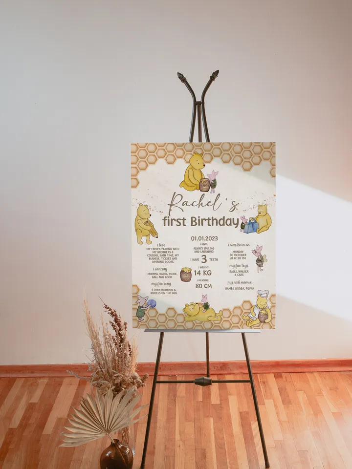 Milestone Board Winnie the Pooh Birthday Party; Winnie Pooh 1st Birthday; Editable Milestone Sign Birthday Party Decoration Winnie Pooh hc12