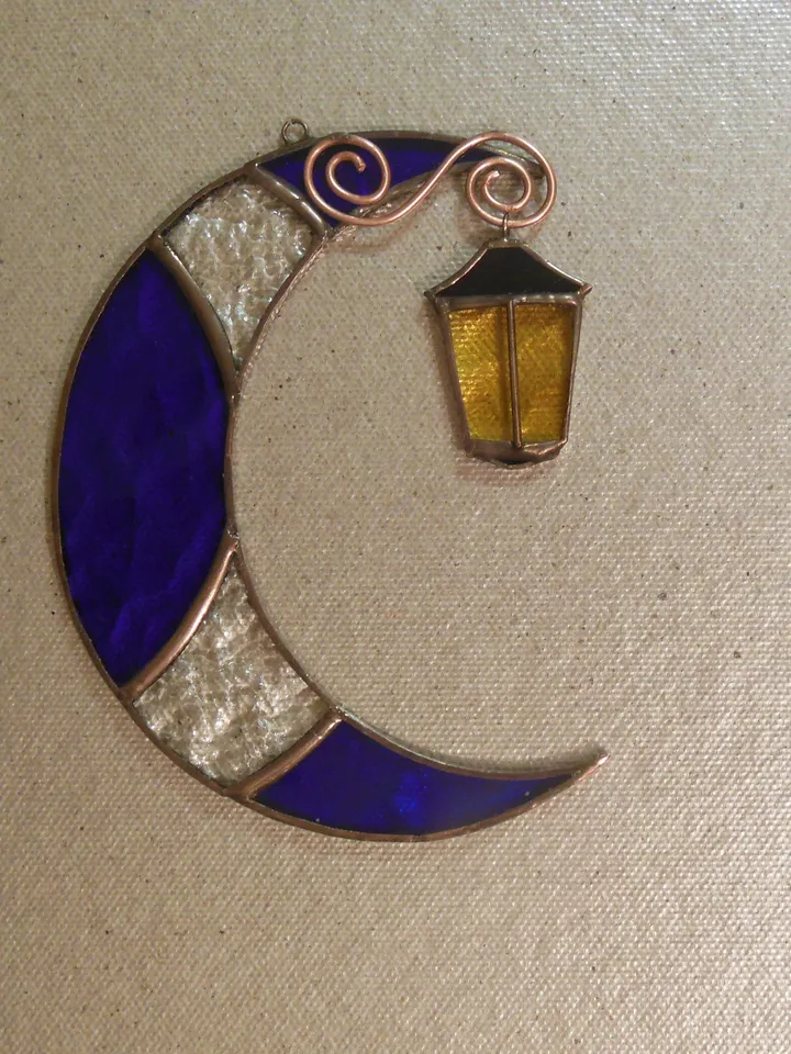 Moon with Street Light . Stained glass window hanging Suncatcher , idea for anniversary , birthday and Christmas gift
