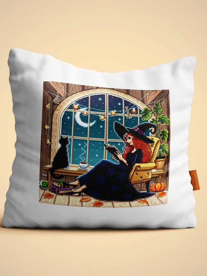 Reading witch cross stitch pattern PDF download Witch home cross stitch chart, Halloween witch pattern digital PDF, Cozy fall window #H88