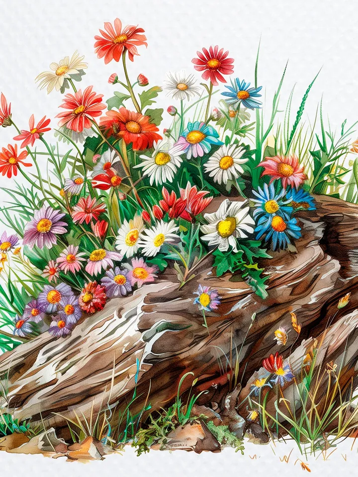 12 Wildflowers On Log png Clipart, Wild Flowers png, Printable Watercolor Wildflowers clipart for sublimation, Paper craft, junk journal