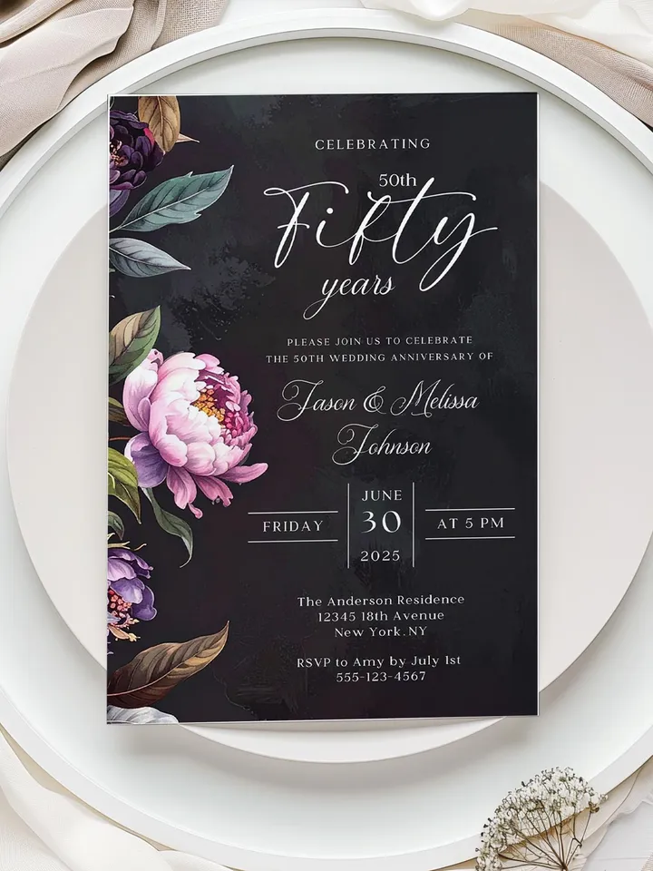50th Anniversary Party Invitation, 40th, 30th, 20th, 10th, Moody Burgundy & Blush Peony Floral Canva Template 5x7 birthday evite
