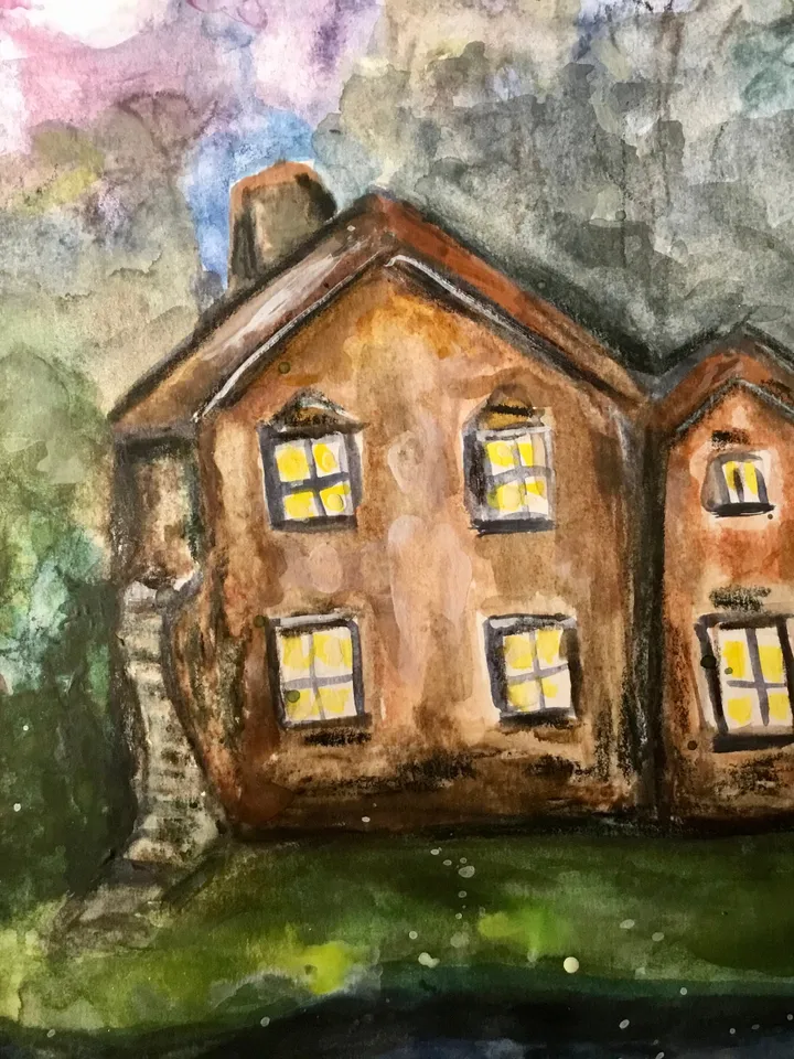 Mysterious House in the woods,original watercolour painting,forest painting,river,landscape painting,unique handmade painting,home decor