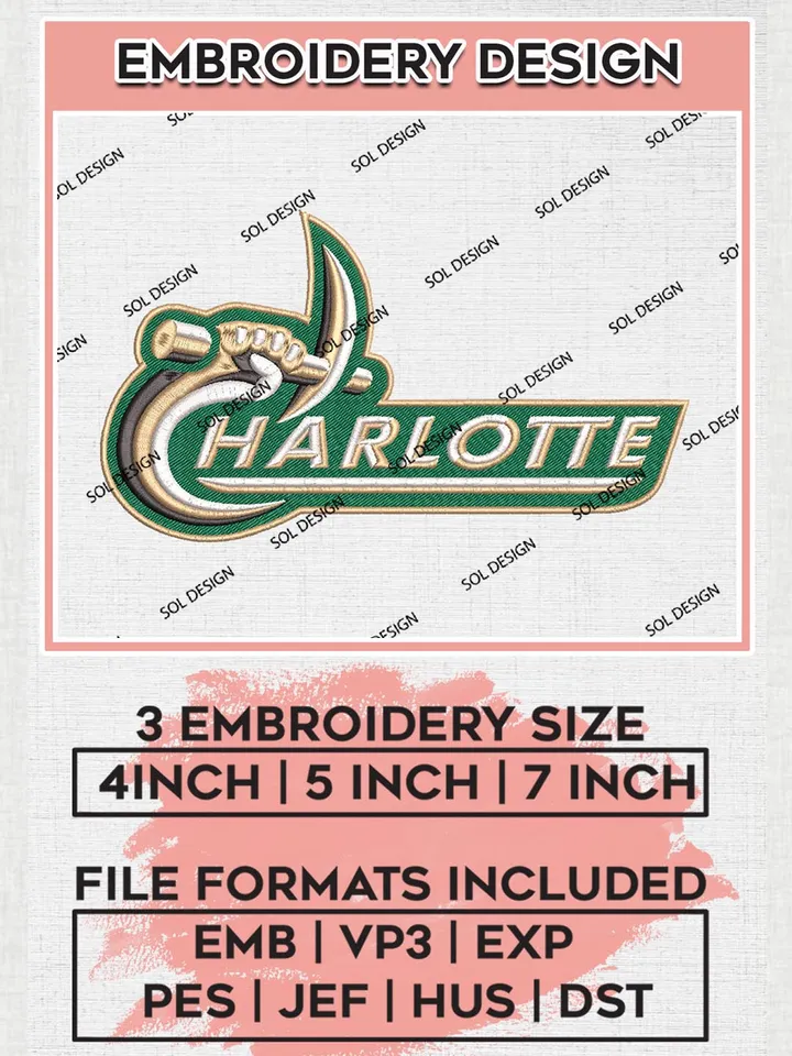 NCAA Charlotte 49ers Wordmark Logo Embroidery Files, NCAA Charlotte 49ers Team Embroidery, NCAA 49ers, 3 sizes, Machine embroidery designs, Digital Download