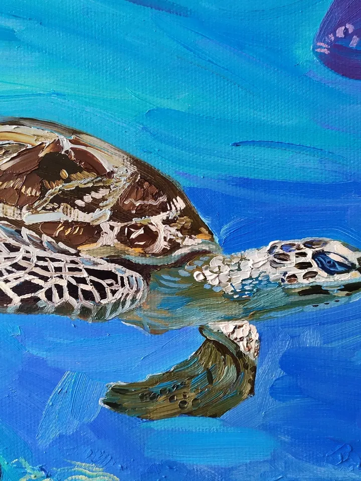Turtle painting Tortoise Original Art 16 by 20 Fish painting on canvas art square Terrapin artwork by Natalia Plotnikova