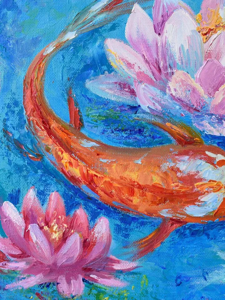 Koi Painting Original Art Fishes in the pond artwork 24 by 24 inch Water lilies art Koi fish Lotus oil painting