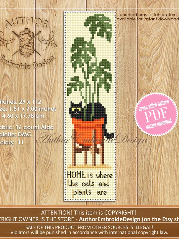 Cat bookmark cross stitch pattern download PDF Black cat cross stitch chart, Bookmark digital pattern PDF, Monstera, Home sweet home #B321