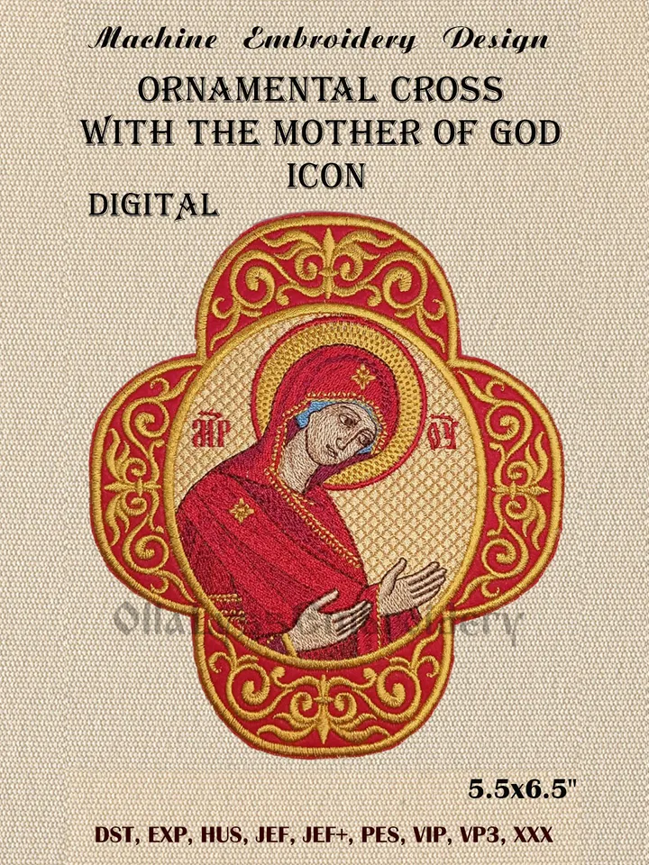 Ornamental cross with the Mother of God icon embroidery design