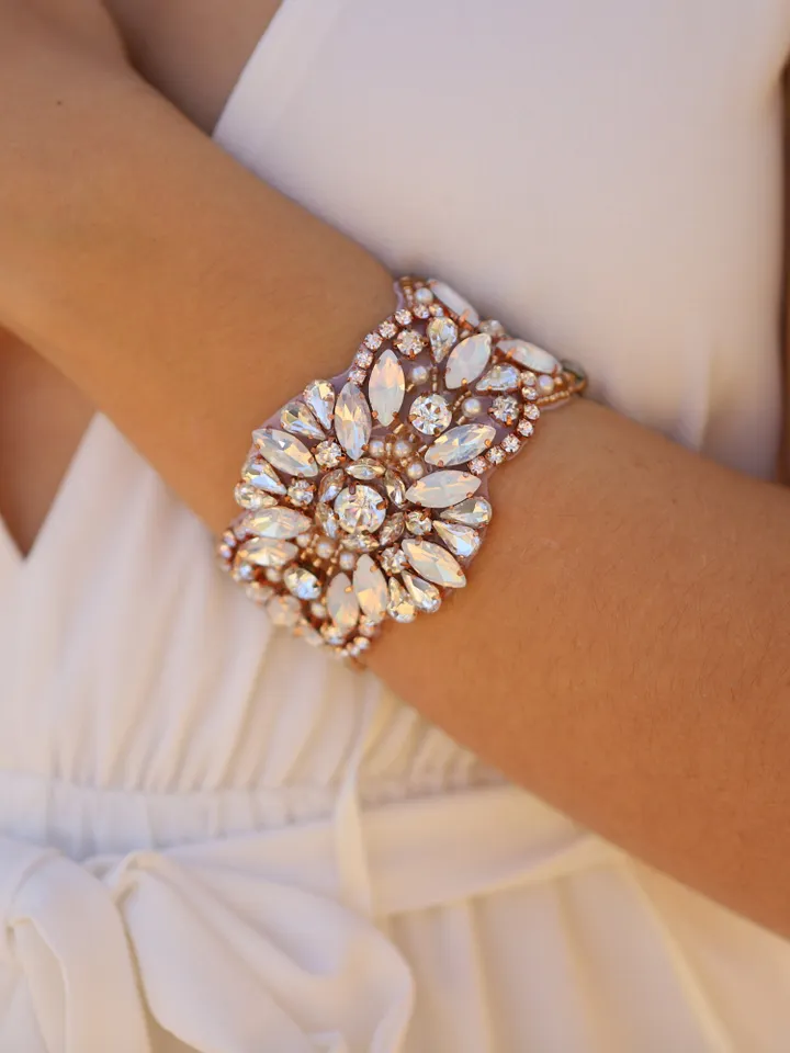 Rose Gold Opal Bridal Cuff, Crystal Wedding Cuff, Crystal Bridal Bracelet, Rhinestone Cuff Bracelet, Vintage Wedding Jewelry, Boho Jewellery