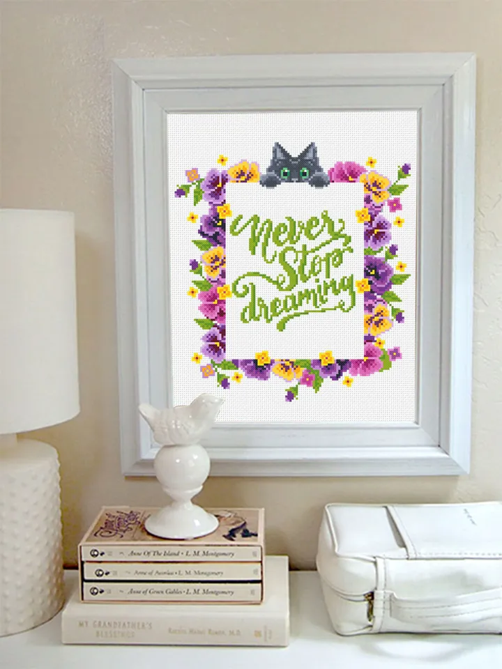 Floral frame cross stitch pattern PDF download Never stop dreaming quotes cross stitch chart, Flower border pattern digital PDF Pansy #Q18