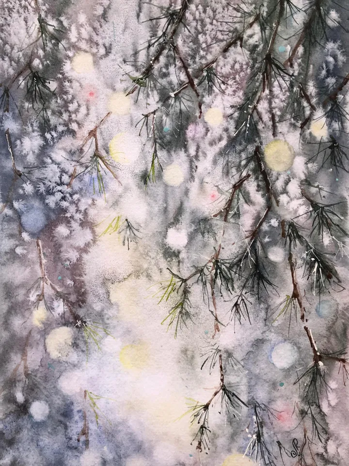 Forest Original Painting Trees Wall Art Winter Watercolor Painting