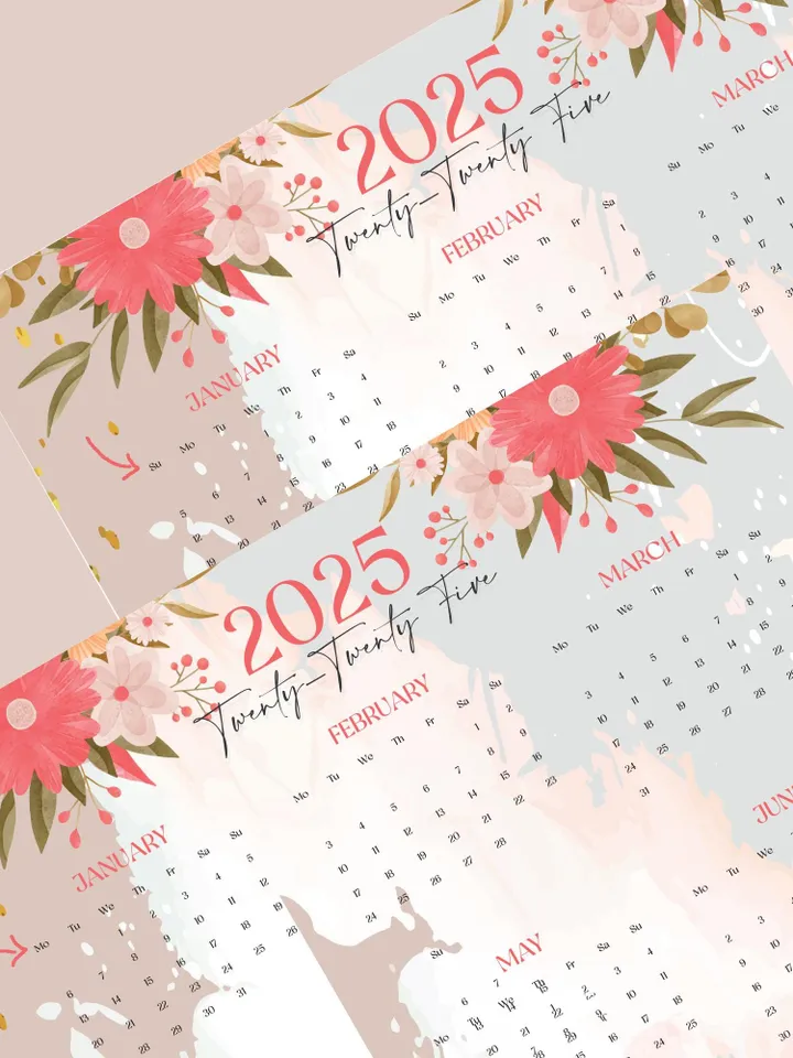 Printable 2025 Calendar, Monthly and Yearly Floral Calendar, A4 PDF & JPEG Files, Digital Wall Calendar, Modern Home Office Decor, New Year