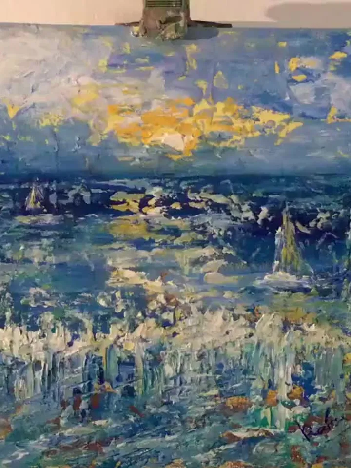 Semi - Abstract seascape original textured oil painting,sunset,boats in the ocean fantasy wall art,landscapes painting,home art decoration