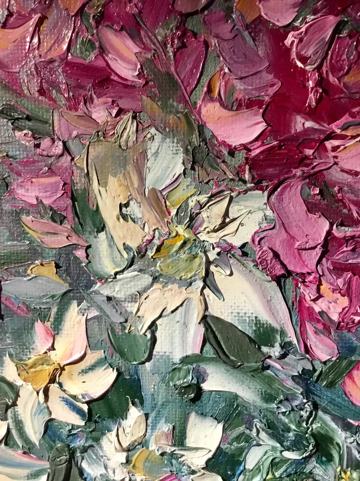 Pink and white flowers fantasy painting ,original oil impasto painting on small canvas board ,wall decoration,small gift.