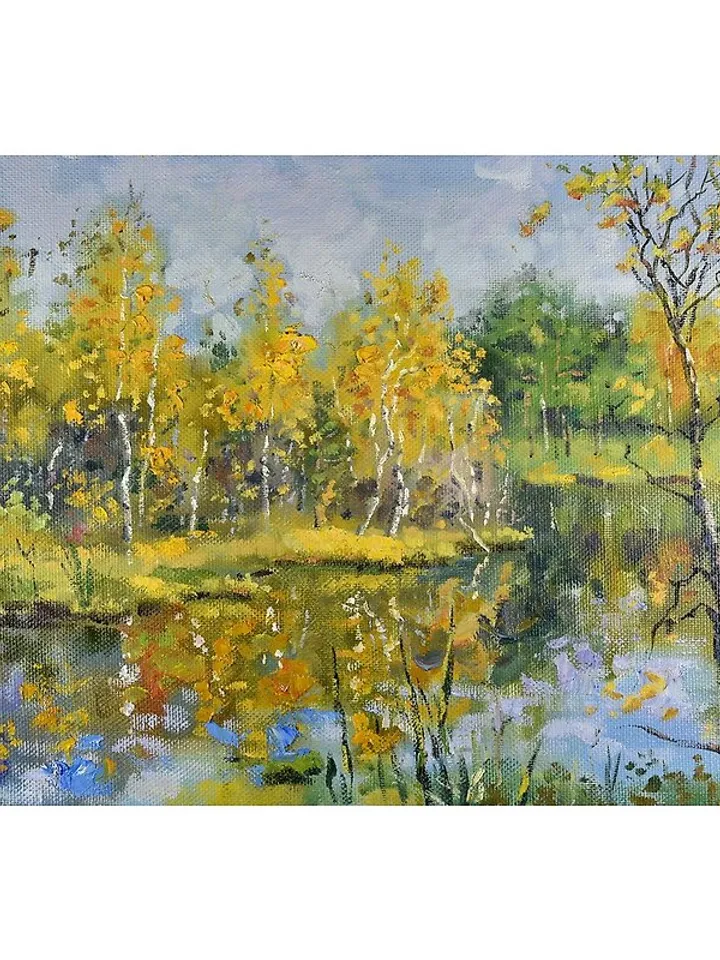 Autumn Walks Painting Lake Birch Landscape Original Art Nature Forest Art