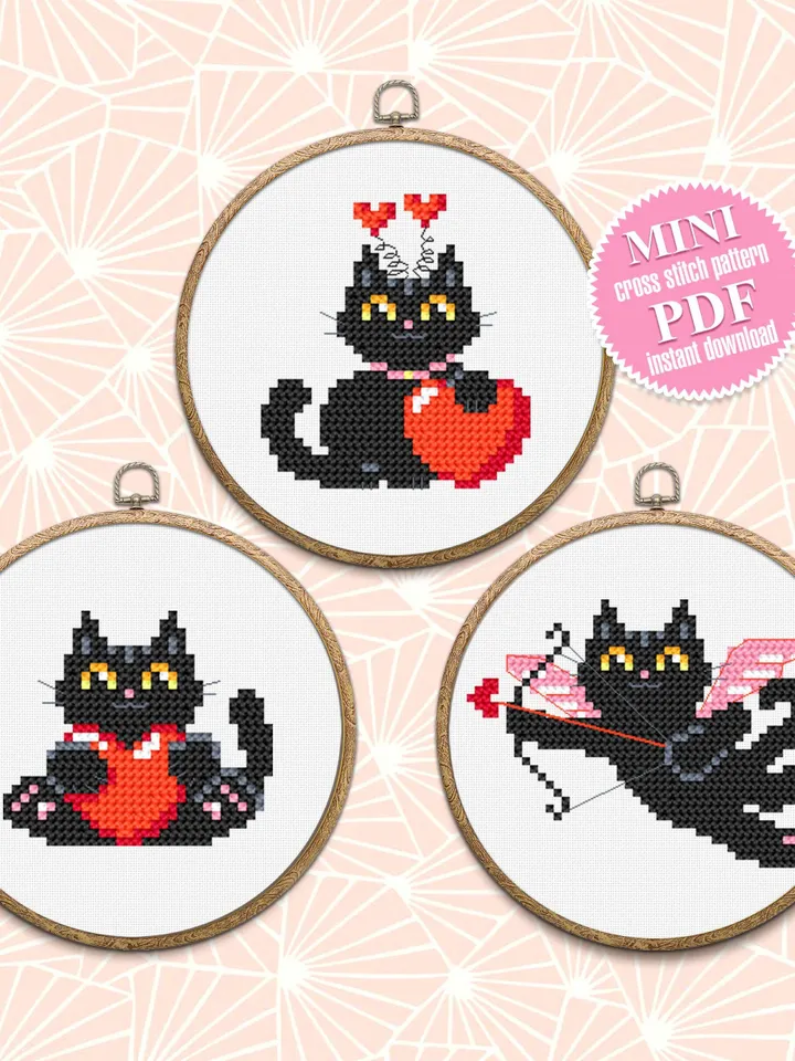 Set Cat valentines day cross stitch pattern download PDF Funny black cat cross stitch chart, Cute cat valentine cross stitch, Cat lover #T9