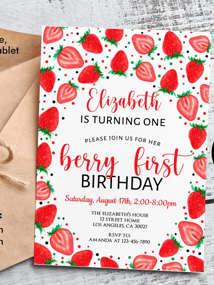 Berry First Birthday Invitation, Strawberry Birthday Invitation, 1st Birthday Invitation Girl, Summer Invitaton Editable Template