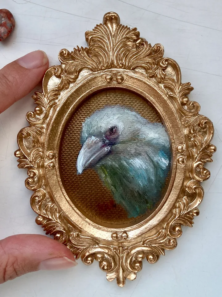 Framed Raven Oil Painting Original Albino Bird Art Dark Cottagecore Art