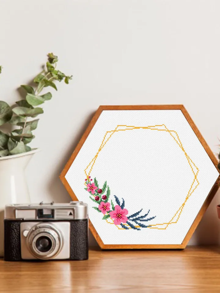 Flower frame cross stitch pattern PDF download Your text here, Simple wreath cross stitch chart, Pentagon frame pattern digital PDF #Y6
