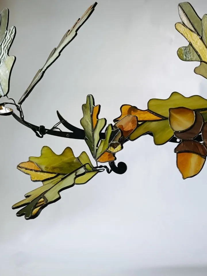 Stained Glass: Oak Twig. Tiffany Technique, Oak Branch. Tiffany-Style Stained Glass, Tiffany Stained Glass: Oak Leaf Branch, Tiffany-Style Stained Glass Oak Branch, Oak Twig in Tiffany-Style Stained Glass, Tiffany Stained Glass Oak Branch Design