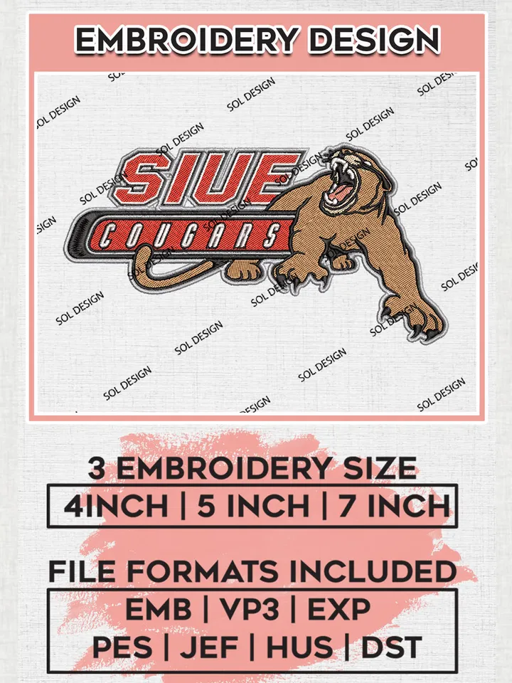 NCAA SIUE Cougars Team Mascot Logo Embroidery Design Files, NCAA SIU Edwardsville Cougars Machine Embroidery, NCAA Teams, 3 sizes, NCAA Machine embroidery designs, Digital Download
