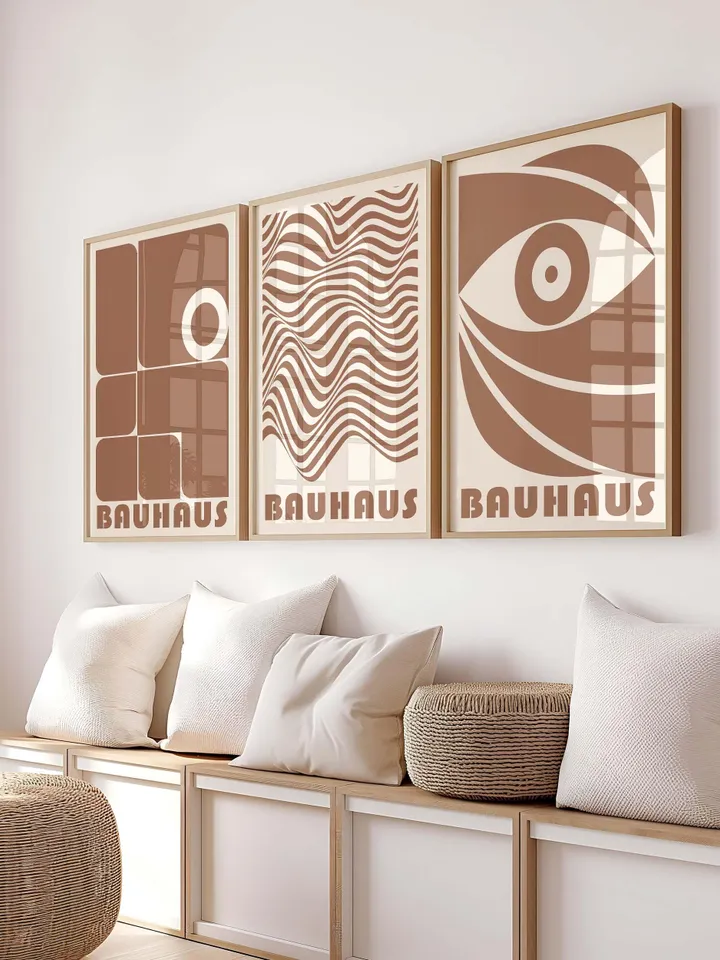 Bauhaus Wall Art, Set of 3 – Brown Terracotta Abstract, Geometric Prints, Minimalist Modern Poster